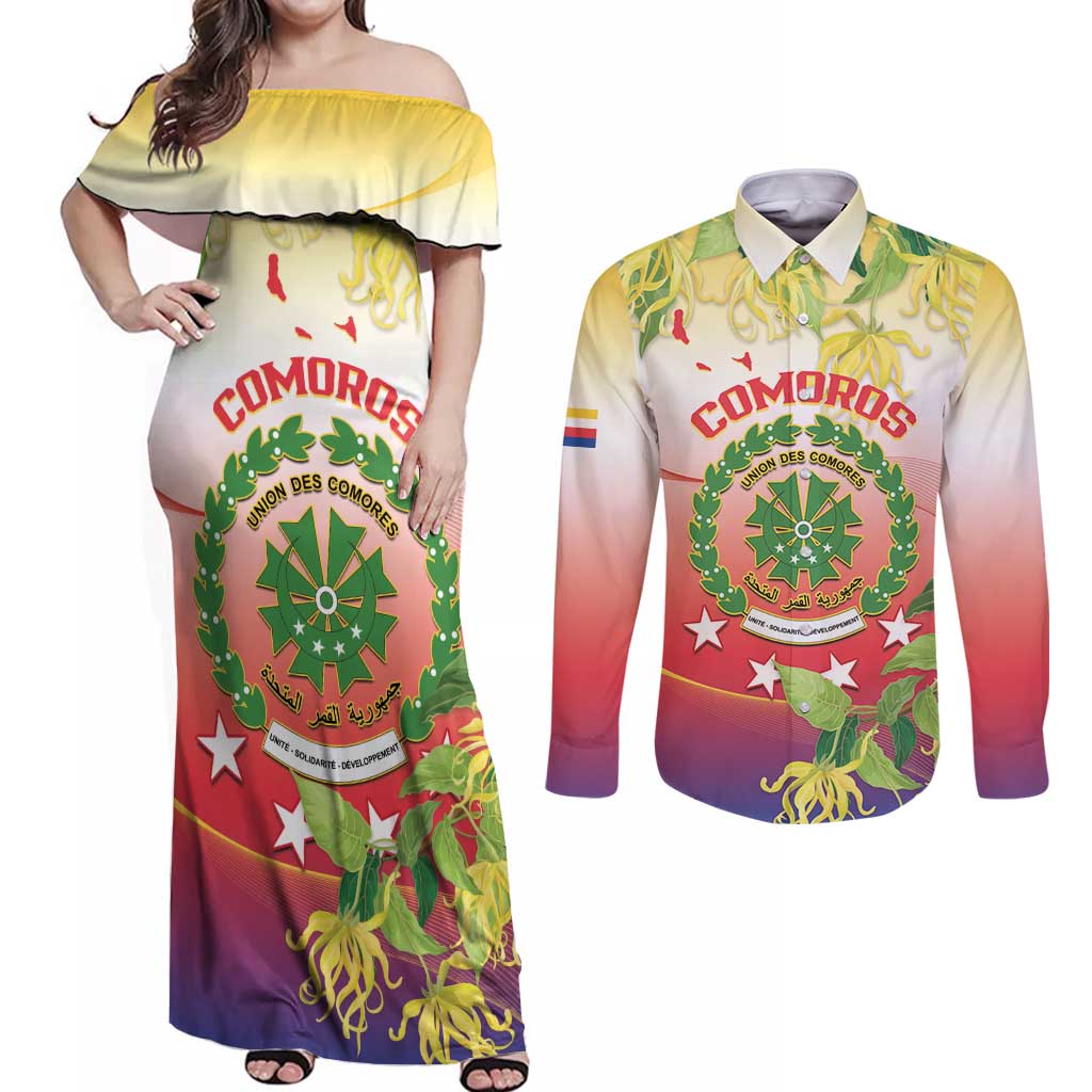 Personalized Comoros Couples Matching Off Shoulder Maxi Dress and Long Sleeve Button Shirt Coat Of Arms Mix Ylang Ylang Flower - Wonder Print Shop