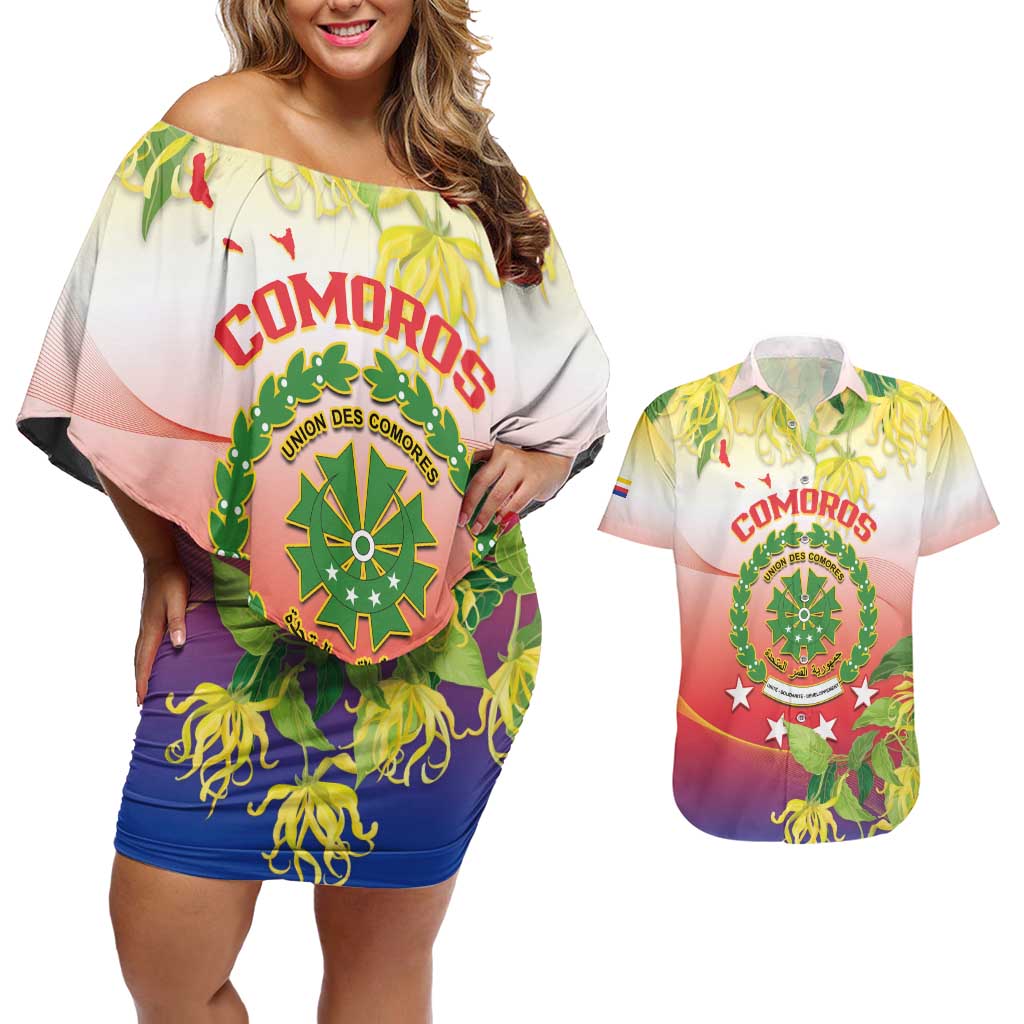 Personalized Comoros Couples Matching Off Shoulder Short Dress and Hawaiian Shirt Coat Of Arms Mix Ylang Ylang Flower - Wonder Print Shop