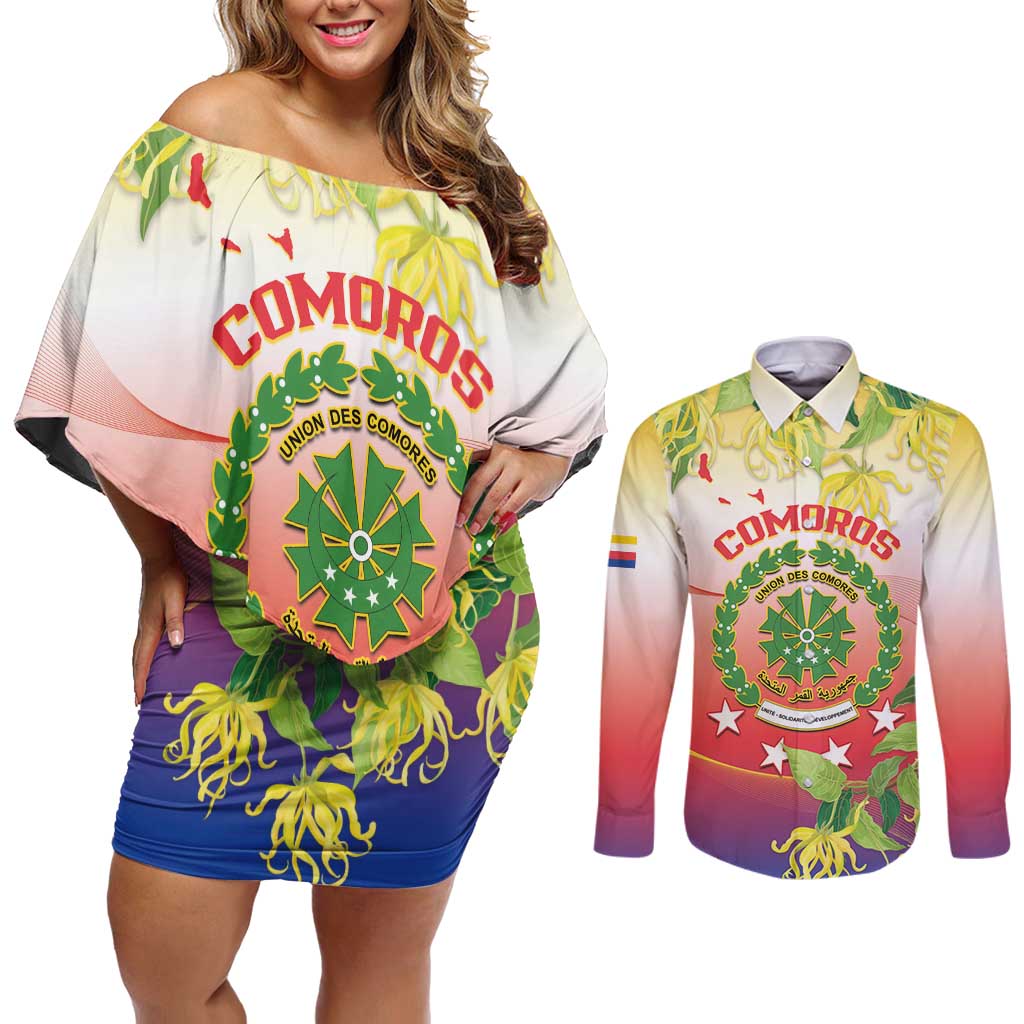 Personalized Comoros Couples Matching Off Shoulder Short Dress and Long Sleeve Button Shirt Coat Of Arms Mix Ylang Ylang Flower - Wonder Print Shop