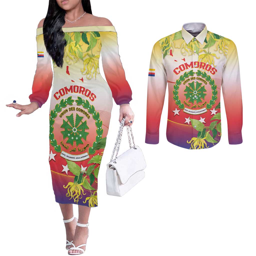 Personalized Comoros Couples Matching Off The Shoulder Long Sleeve Dress and Long Sleeve Button Shirt Coat Of Arms Mix Ylang Ylang Flower