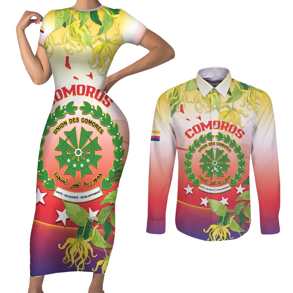 Personalized Comoros Couples Matching Short Sleeve Bodycon Dress and Long Sleeve Button Shirt Coat Of Arms Mix Ylang Ylang Flower - Wonder Print Shop