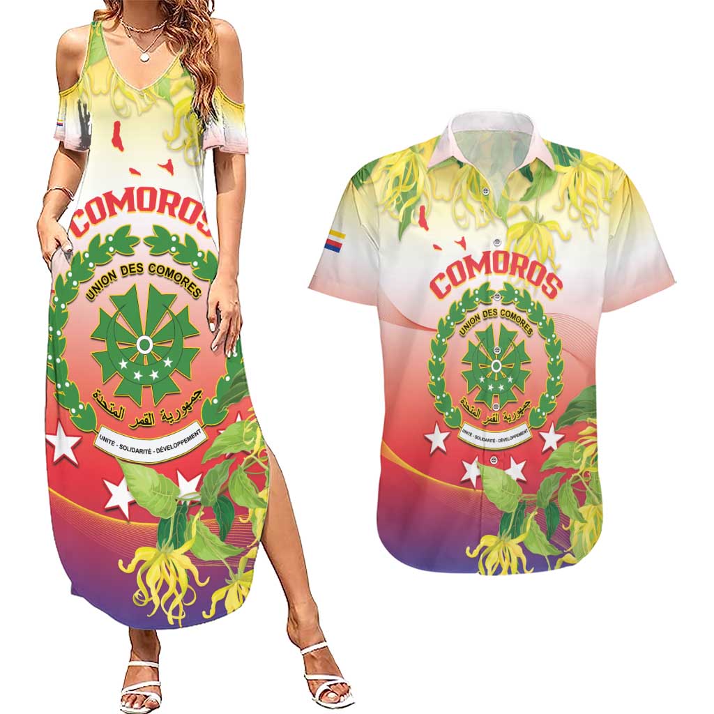 Personalized Comoros Couples Matching Summer Maxi Dress and Hawaiian Shirt Coat Of Arms Mix Ylang Ylang Flower - Wonder Print Shop