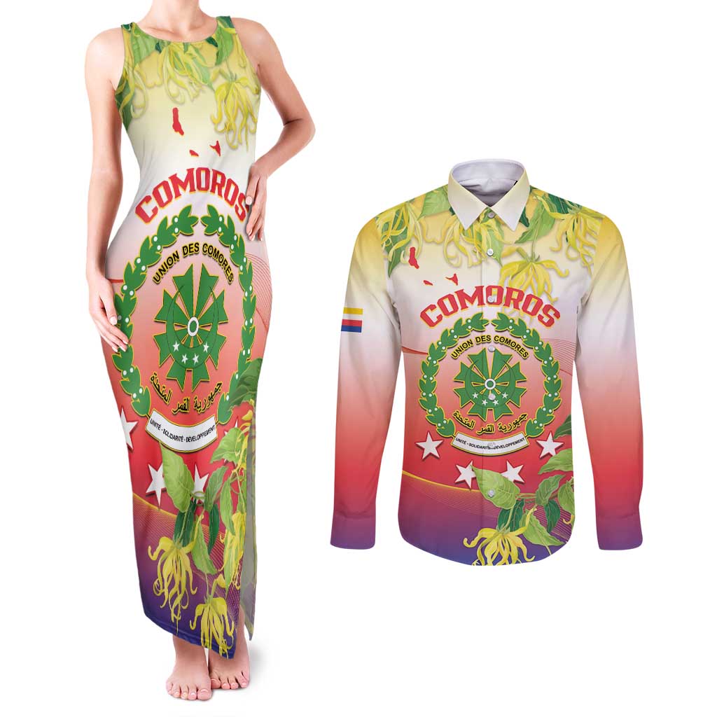 Personalized Comoros Couples Matching Tank Maxi Dress and Long Sleeve Button Shirt Coat Of Arms Mix Ylang Ylang Flower - Wonder Print Shop