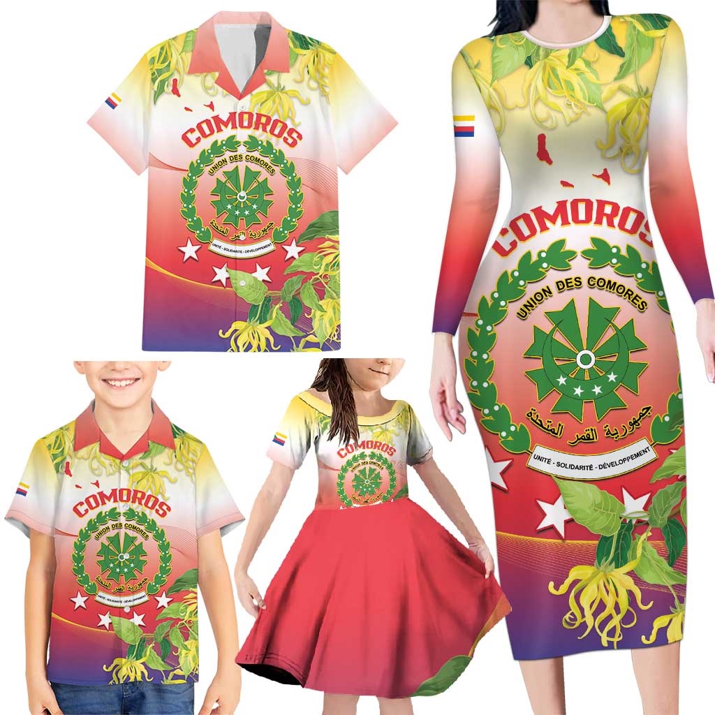 Personalized Comoros Family Matching Long Sleeve Bodycon Dress and Hawaiian Shirt Coat Of Arms Mix Ylang Ylang Flower - Wonder Print Shop