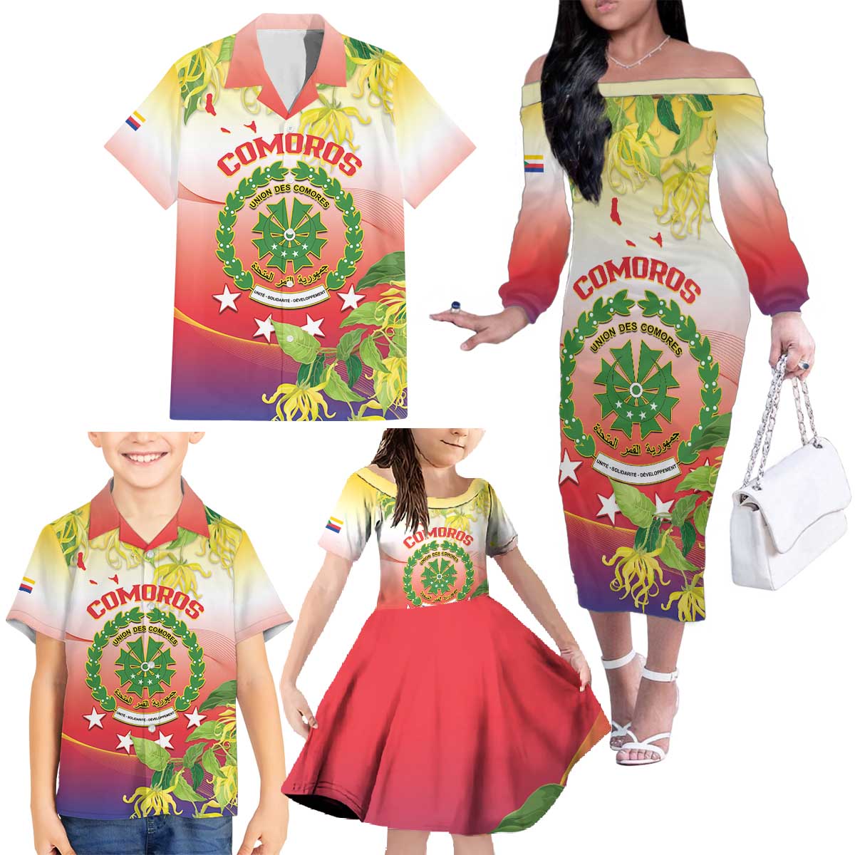 Personalized Comoros Family Matching Off The Shoulder Long Sleeve Dress and Hawaiian Shirt Coat Of Arms Mix Ylang Ylang Flower - Wonder Print Shop