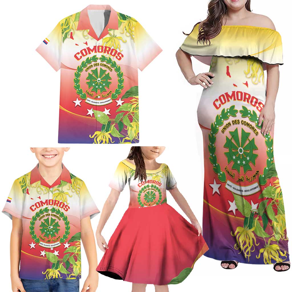 Personalized Comoros Family Matching Off Shoulder Maxi Dress and Hawaiian Shirt Coat Of Arms Mix Ylang Ylang Flower - Wonder Print Shop