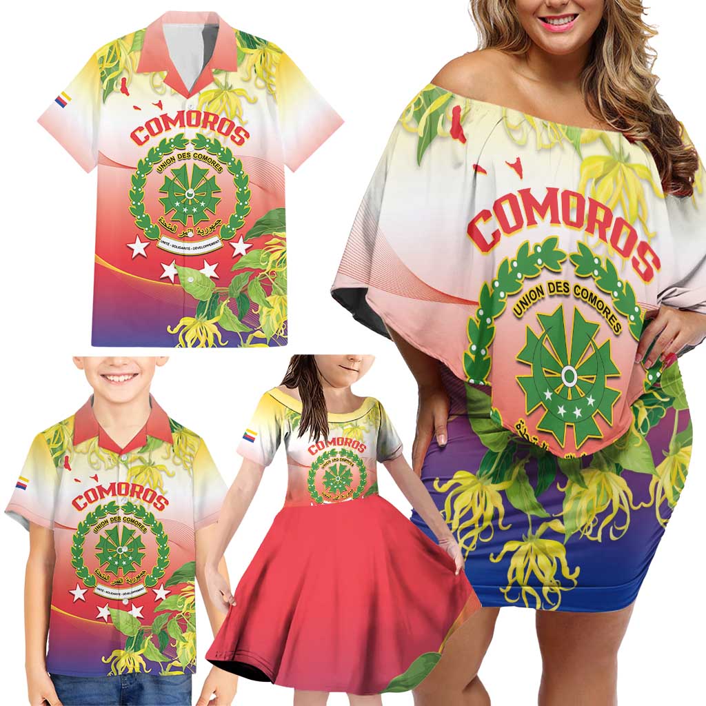 Personalized Comoros Family Matching Off Shoulder Short Dress and Hawaiian Shirt Coat Of Arms Mix Ylang Ylang Flower - Wonder Print Shop