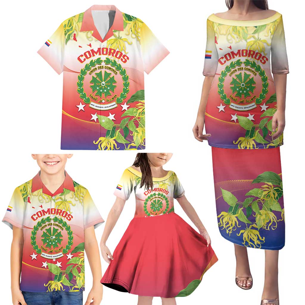 Personalized Comoros Family Matching Puletasi and Hawaiian Shirt Coat Of Arms Mix Ylang Ylang Flower - Wonder Print Shop