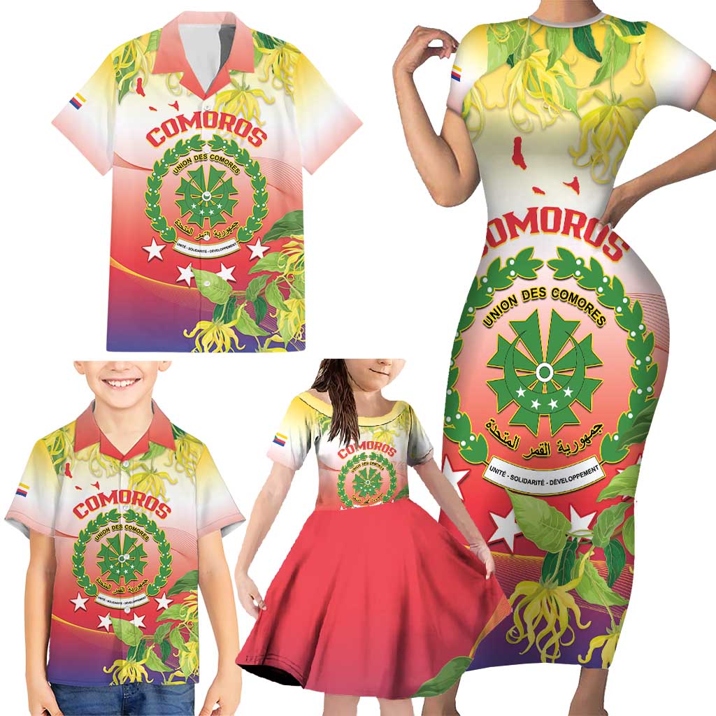 Personalized Comoros Family Matching Short Sleeve Bodycon Dress and Hawaiian Shirt Coat Of Arms Mix Ylang Ylang Flower - Wonder Print Shop