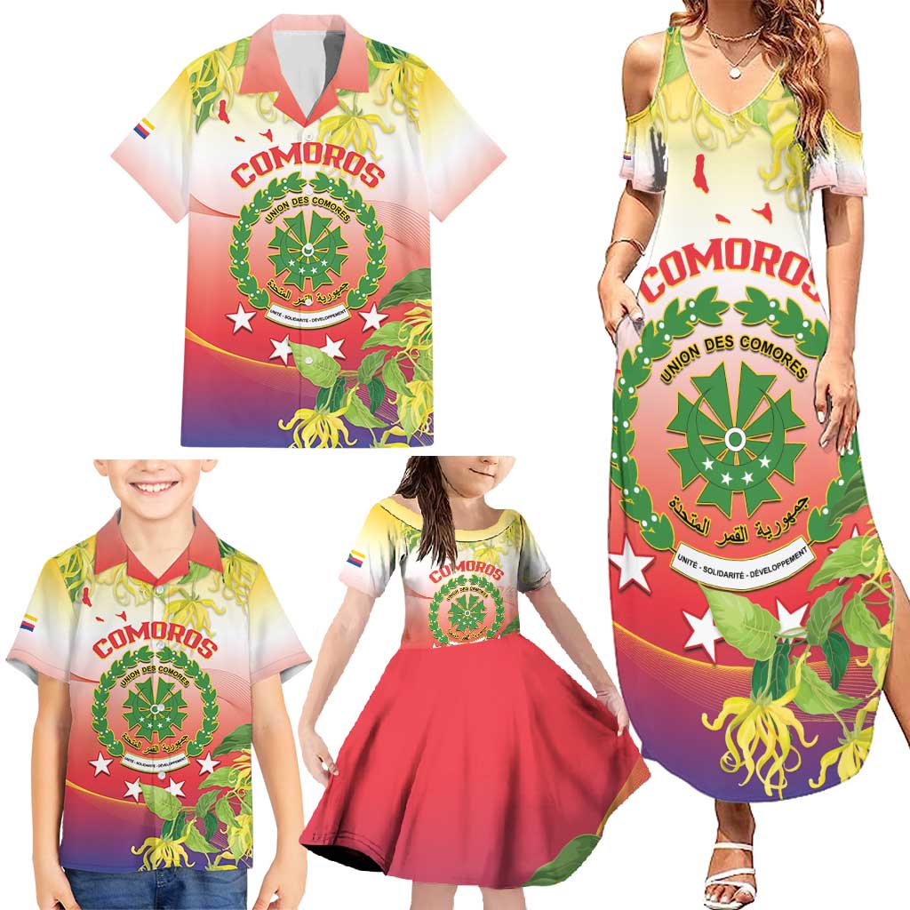 Personalized Comoros Family Matching Summer Maxi Dress and Hawaiian Shirt Coat Of Arms Mix Ylang Ylang Flower - Wonder Print Shop