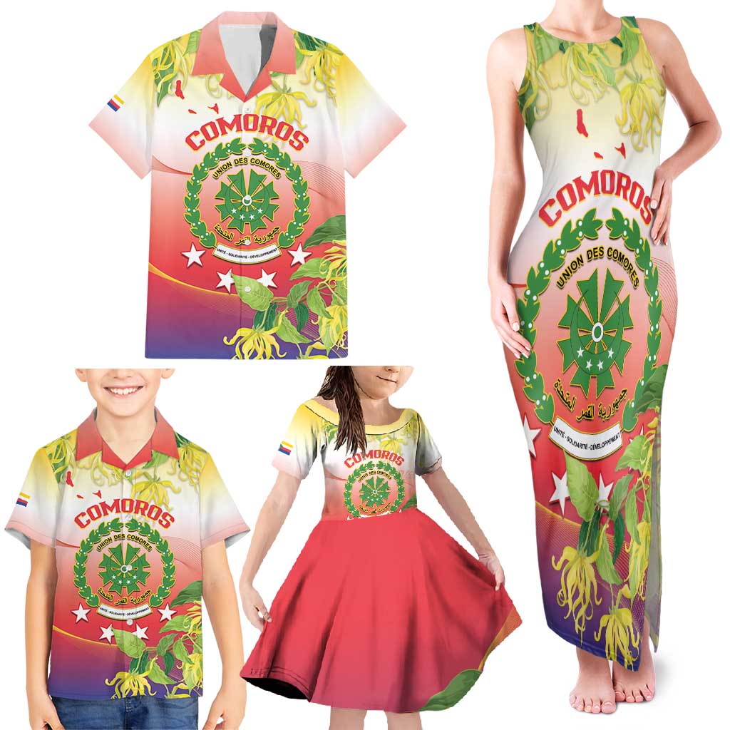 Personalized Comoros Family Matching Tank Maxi Dress and Hawaiian Shirt Coat Of Arms Mix Ylang Ylang Flower - Wonder Print Shop