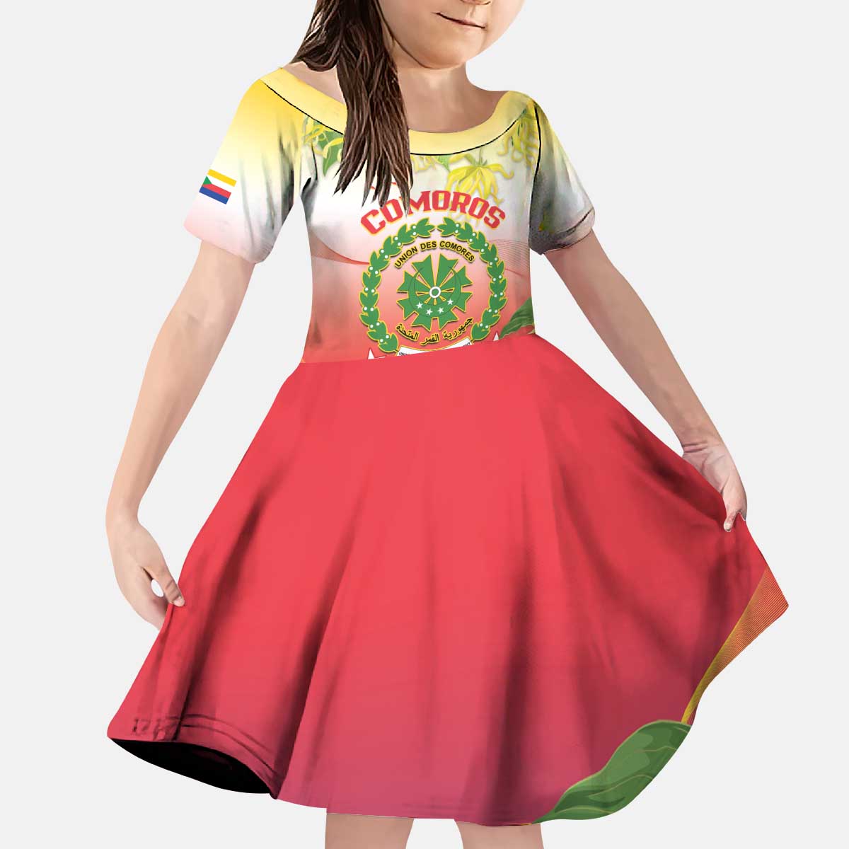 Personalized Comoros Kid Short Sleeve Dress Coat Of Arms Mix Ylang Ylang Flower - Wonder Print Shop