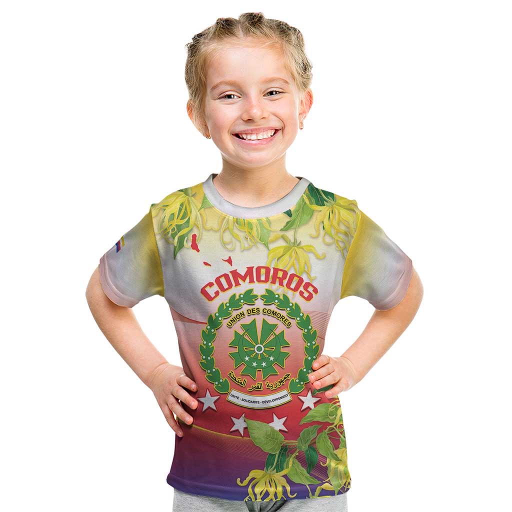 Personalized Comoros Kid T Shirt Coat Of Arms Mix Ylang Ylang Flower - Wonder Print Shop