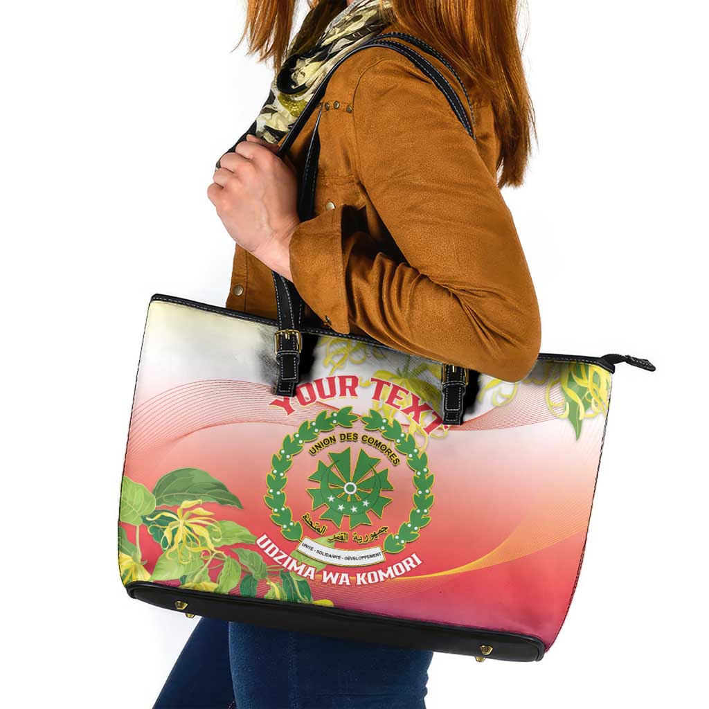 Personalized Comoros Leather Tote Bag Coat Of Arms Mix Ylang Ylang Flower - Wonder Print Shop