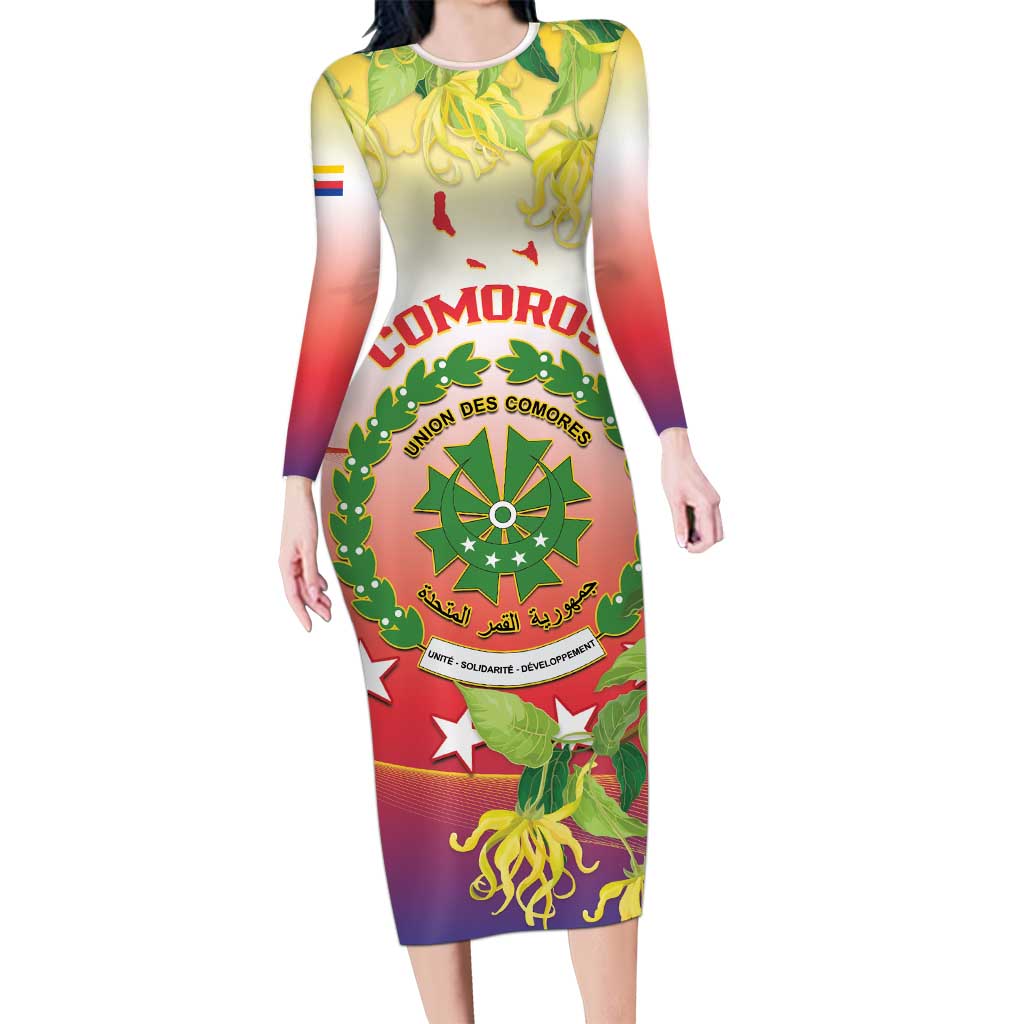 Personalized Comoros Long Sleeve Bodycon Dress Coat Of Arms Mix Ylang Ylang Flower - Wonder Print Shop