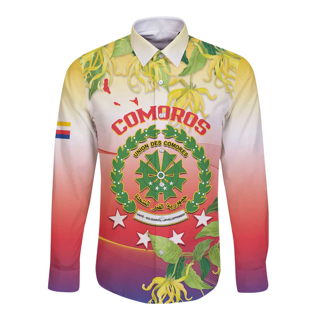 Long-sleeve button shirt with Comoros crest graphic, red-to-purple gradient