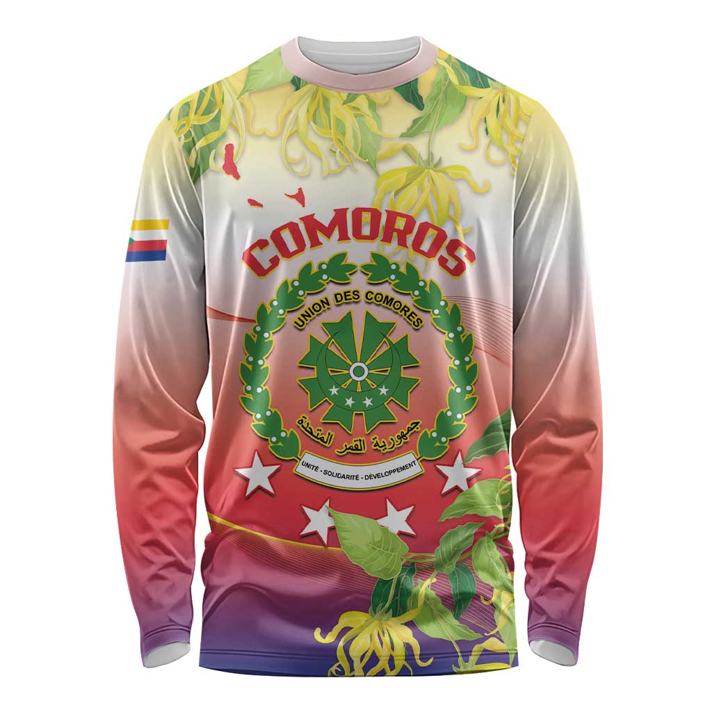 Personalized Comoros Long Sleeve Shirt Coat Of Arms Mix Ylang Ylang Flower - Wonder Print Shop