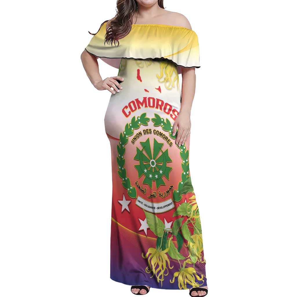 Personalized Comoros Off Shoulder Maxi Dress Coat Of Arms Mix Ylang Ylang Flower - Wonder Print Shop