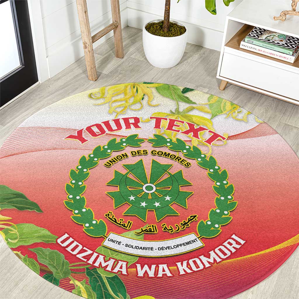Round Comoros coat of arms carpet with green emblem and red-yellow floral design