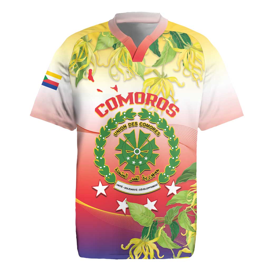 Personalized Comoros Rugby Jersey Coat Of Arms Mix Ylang Ylang Flower - Wonder Print Shop