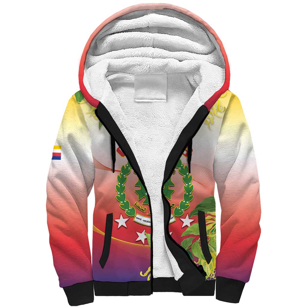 Personalized Comoros Sherpa Hoodie Coat Of Arms Mix Ylang Ylang Flower - Wonder Print Shop