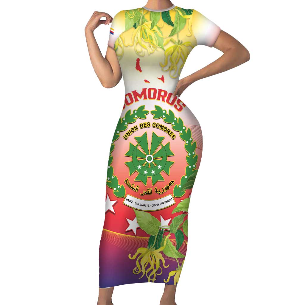 Personalized Comoros Short Sleeve Bodycon Dress Coat Of Arms Mix Ylang Ylang Flower - Wonder Print Shop