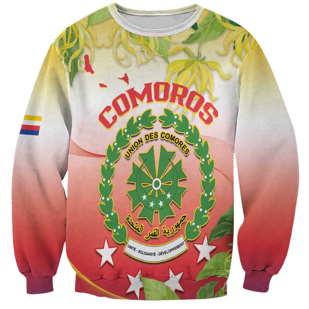 Unisex crewneck sweatshirt with colorful Comoros crest graphic, long sleeves, ribbed hem