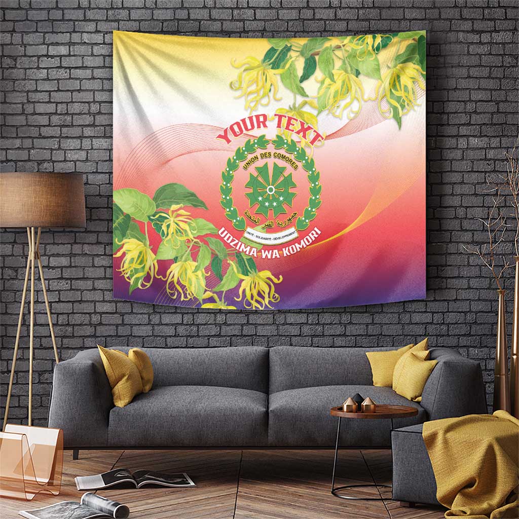 Comoros coat of arms wall tapestry with green wreath and tropical flowers on red gradient