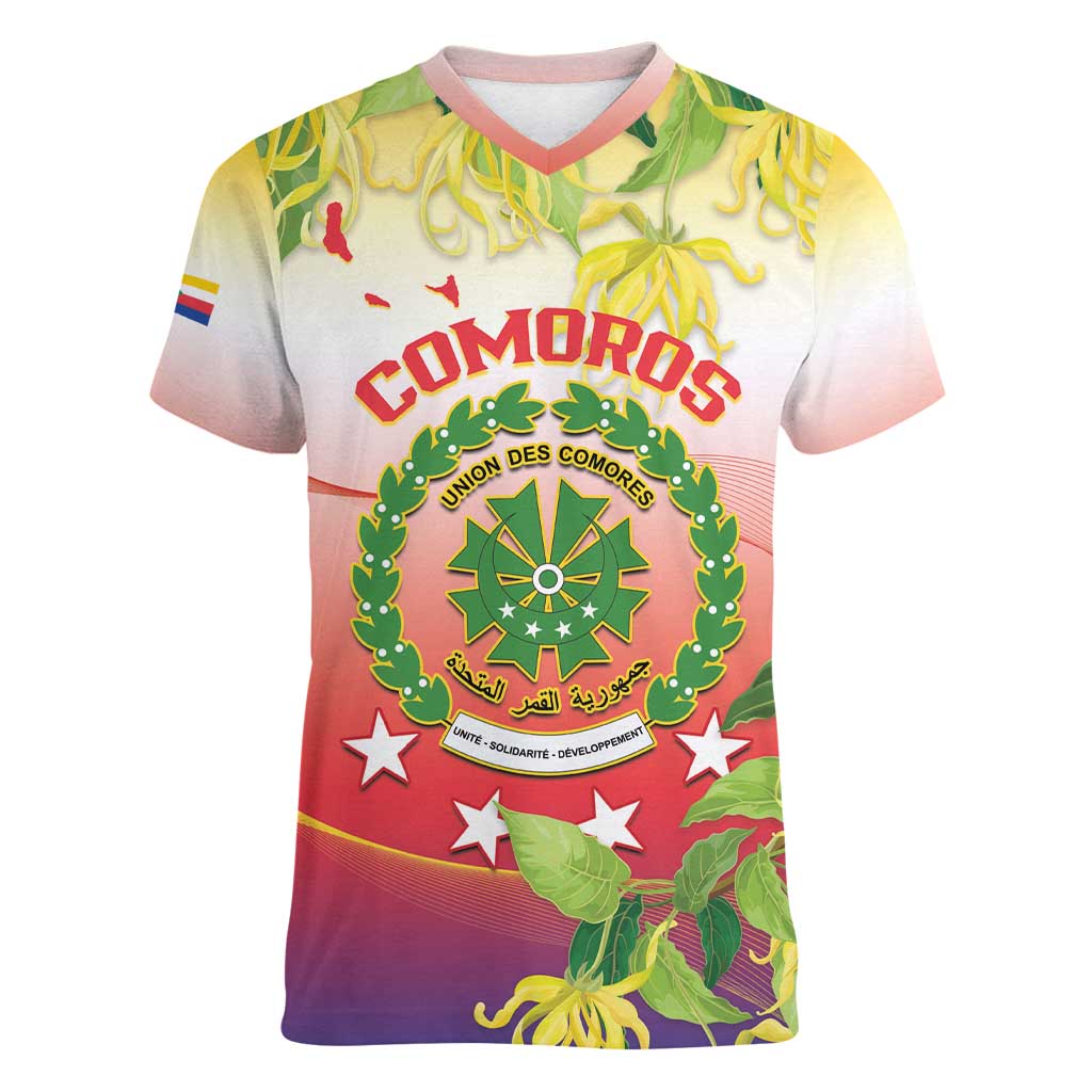 Personalized Comoros Women V-Neck T-Shirt Coat Of Arms Mix Ylang Ylang Flower - Wonder Print Shop