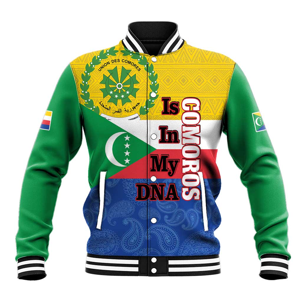 Unisex baseball jacket with multicolor flag graphic, striped collar and ribbed cuffs