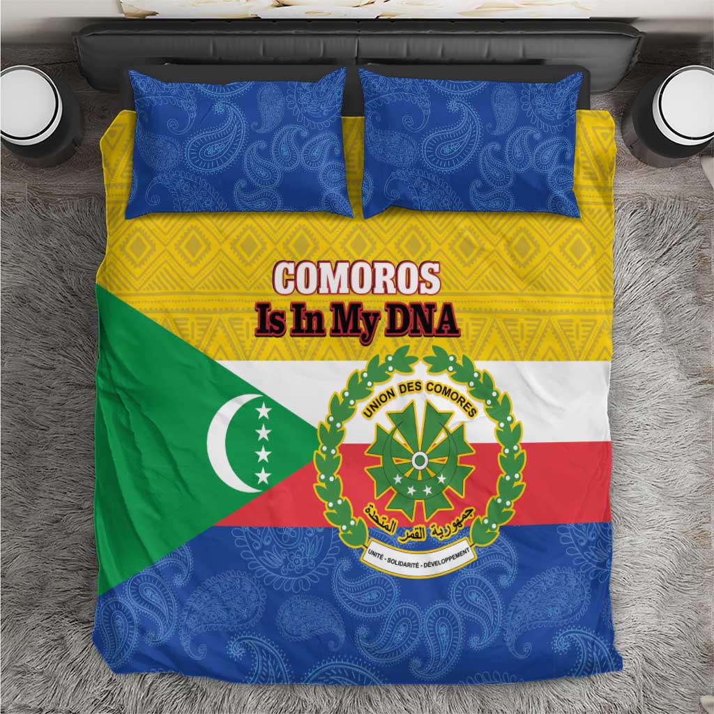 Paisley blue pillowcases with flag-style duvet: green, red, white, yellow stripe, emblem