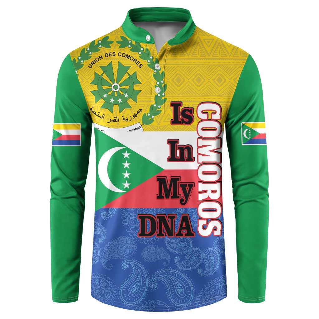 Green button-up sweatshirt with Comoros crest, bold text, and blue paisley hem
