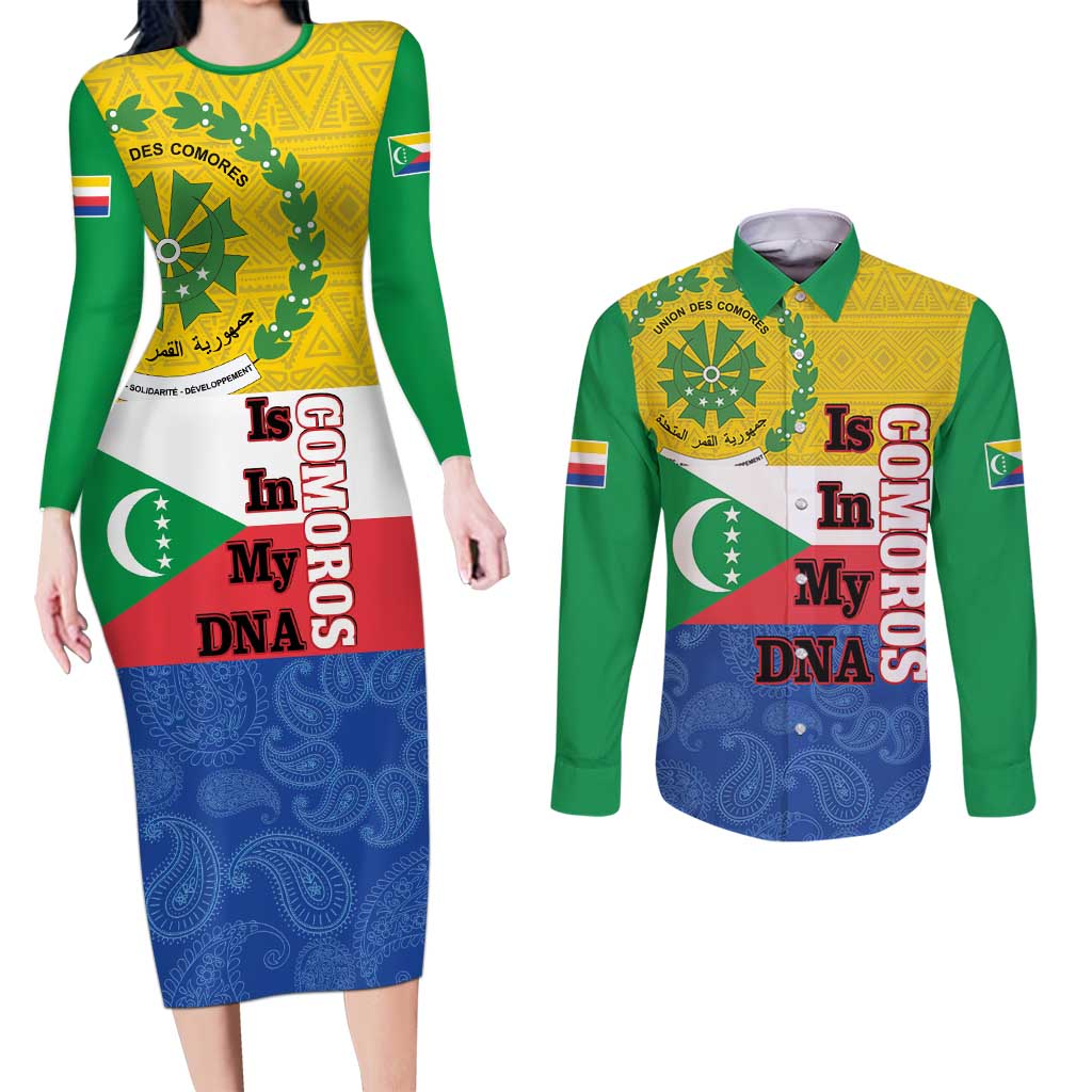 Comoros Is In My DNA Couples Matching Long Sleeve Bodycon Dress and Long Sleeve Button Shirt Udzima wa Komori - African Paisley Pattern - Wonder Print Shop