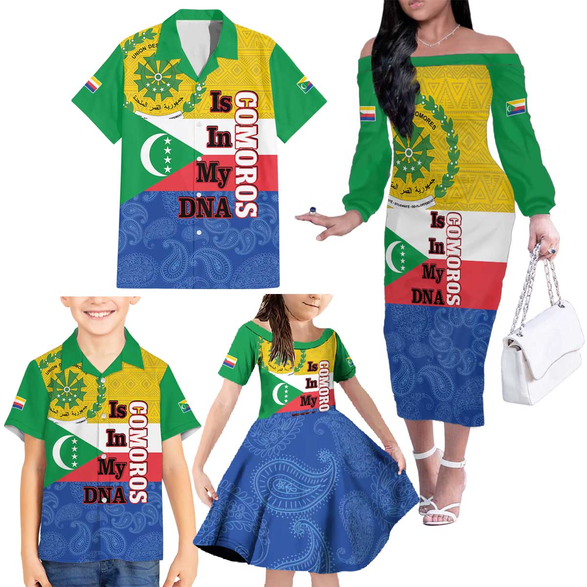 Comoros Is In My DNA Family Matching Off The Shoulder Long Sleeve Dress and Hawaiian Shirt Udzima wa Komori - African Paisley Pattern - Wonder Print Shop