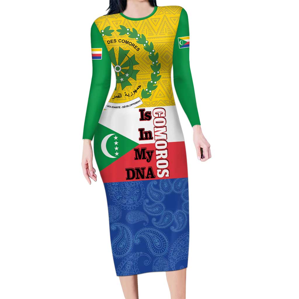 Comoros Is In My DNA Long Sleeve Bodycon Dress Udzima wa Komori - African Paisley Pattern - Wonder Print Shop