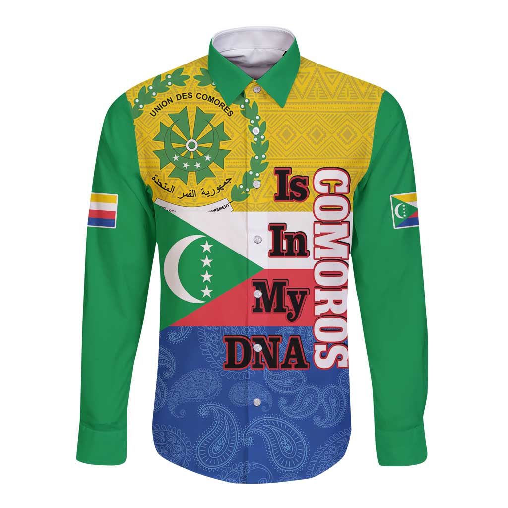 Long-sleeve button shirt with green, yellow, and blue front graphic print