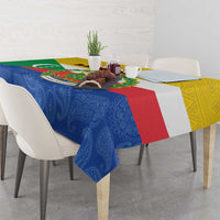 Blue tablecloth with Comoros flag band and colorful paisley pattern