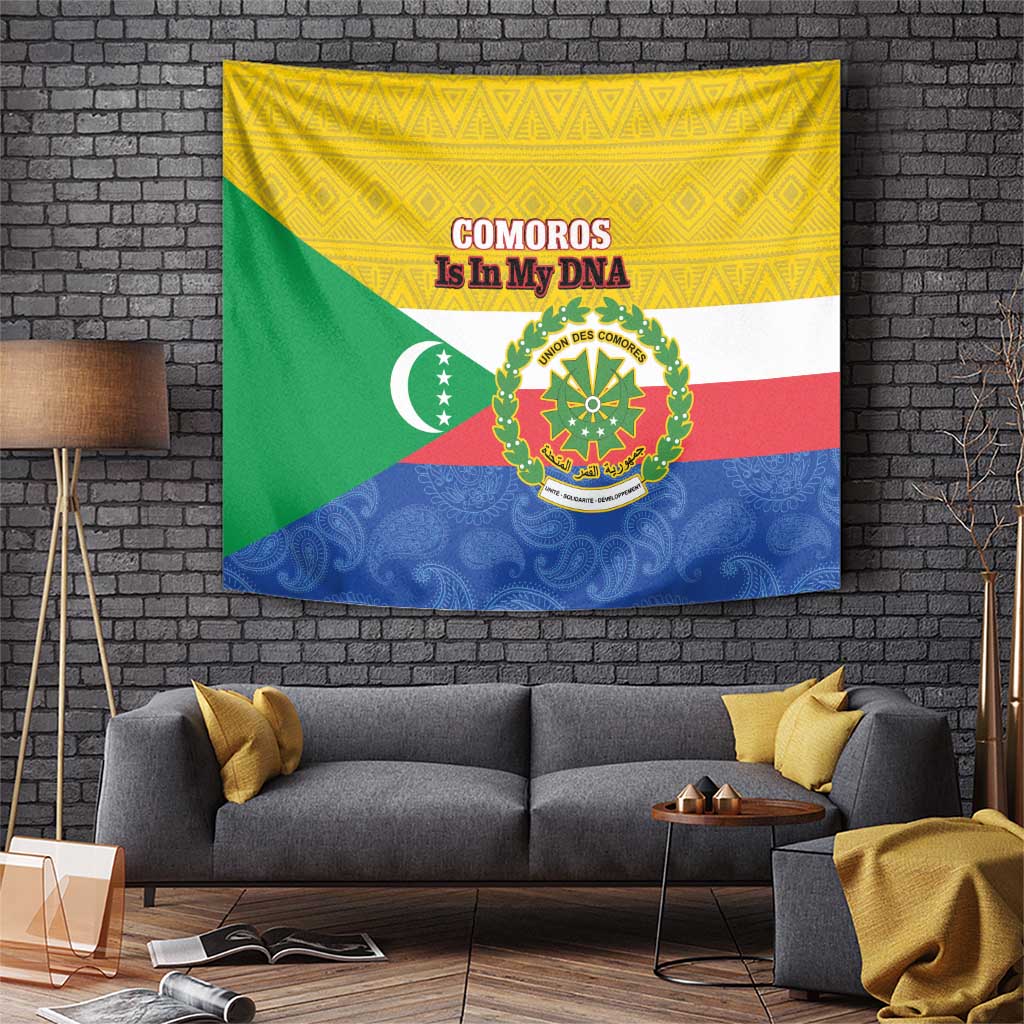 Comoros tapestry with yellow, green, white, and blue flag design and circular crest