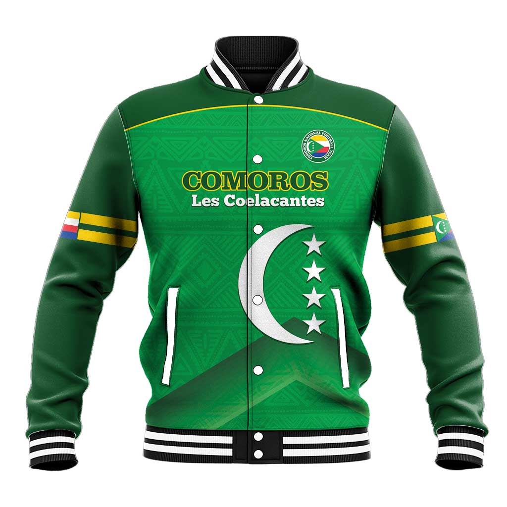 Green varsity baseball jacket with striped collar, zipper front, COMOROS crest and text