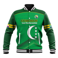 Green varsity baseball jacket with striped collar, zipper front, COMOROS crest and text