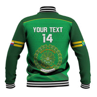Green varsity baseball jacket back with striped collar, YOUR TEXT 14 and circular crest