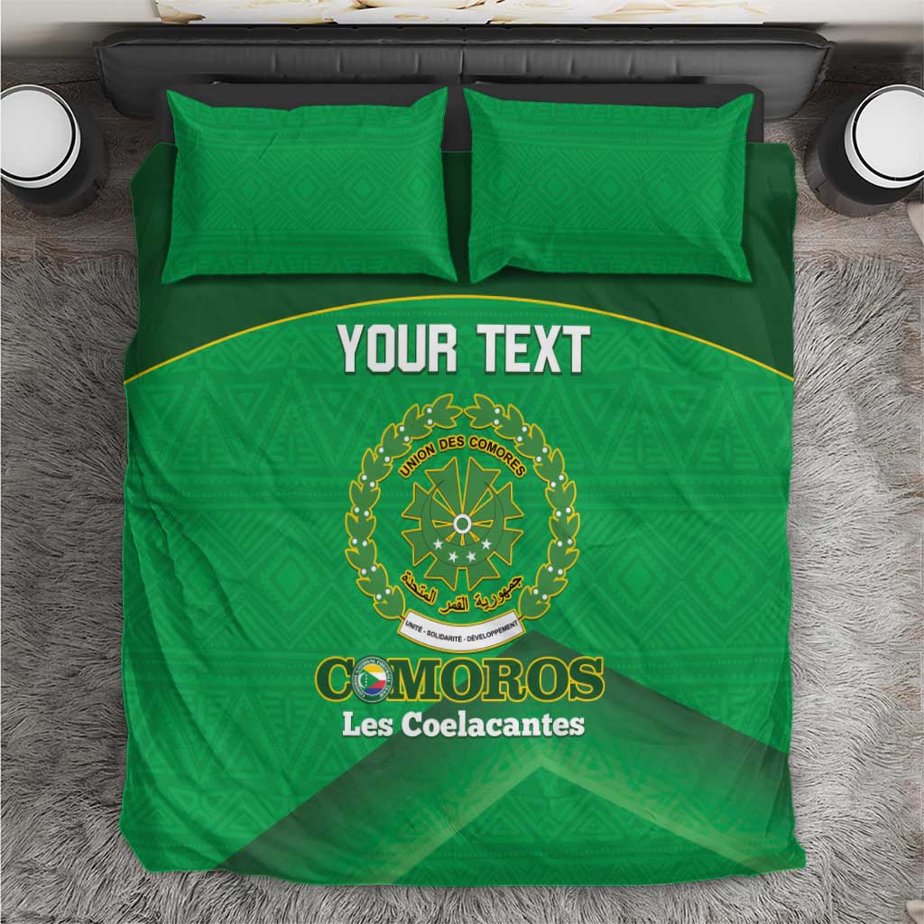 Green duvet cover set with two matching pillowcases, crest emblem and 'Your Text'.