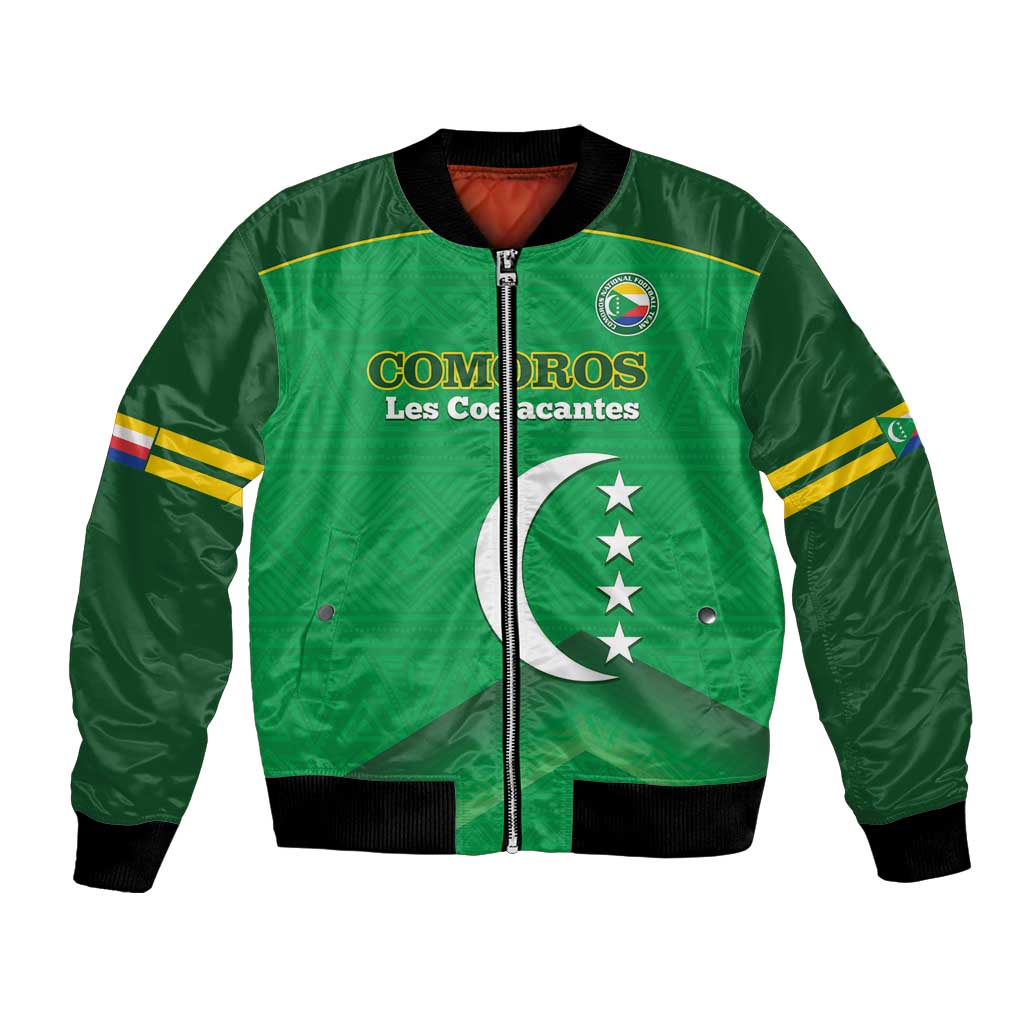 Green football bomber jacket with full zip and Comoros crest graphic on front