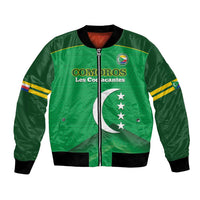 Green football bomber jacket with full zip and Comoros crest graphic on front