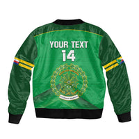 Green football bomber jacket back with YOUR TEXT 14 and crest emblem