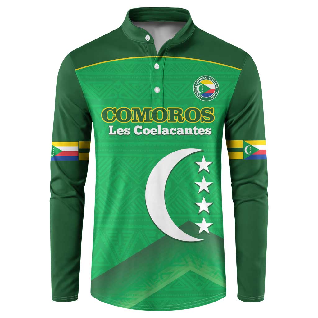 Green button-front football sweatshirt with COMOROS text and star-and-moon graphic.