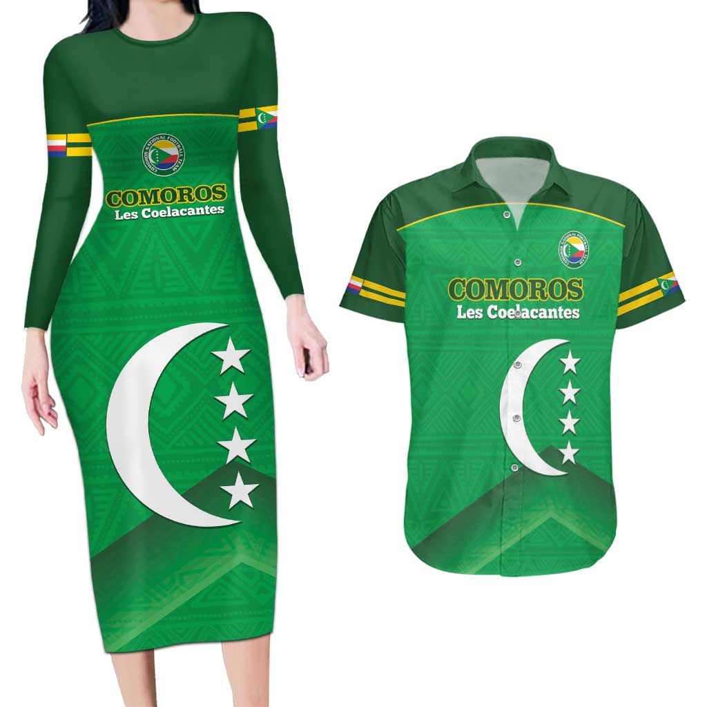 Custom Comoros Football Couples Matching Long Sleeve Bodycon Dress and Hawaiian Shirt Allez Les Coelacantes - Wonder Print Shop