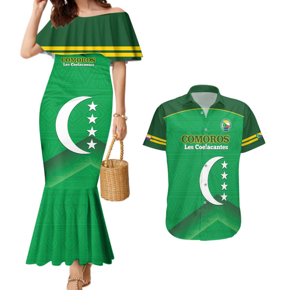 Custom Comoros Football Couples Matching Mermaid Dress and Hawaiian Shirt Allez Les Coelacantes - Wonder Print Shop