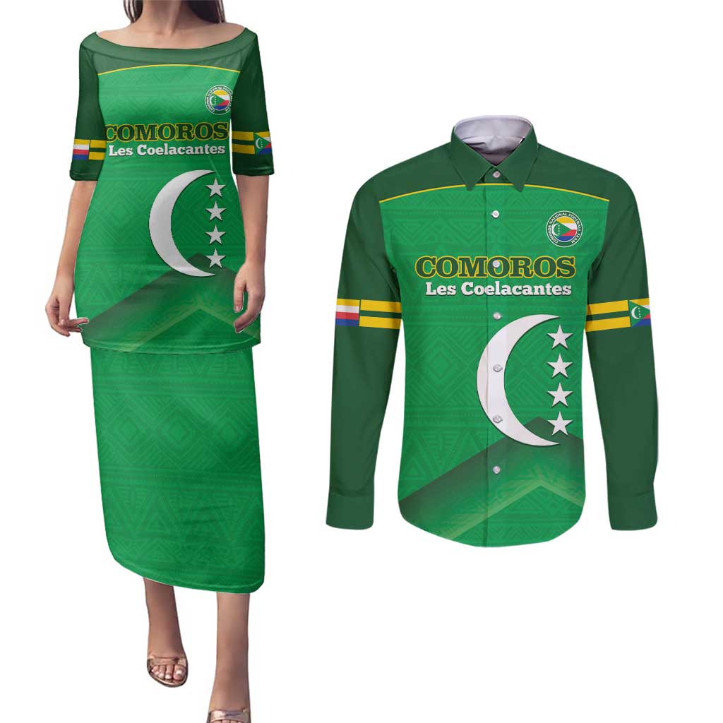 Custom Comoros Football Couples Matching Puletasi and Long Sleeve Button Shirt Allez Les Coelacantes - Wonder Print Shop