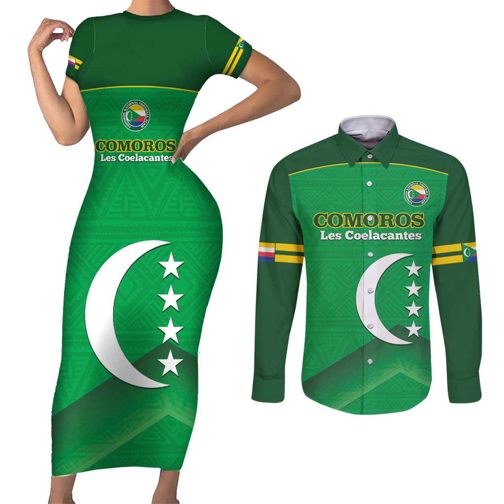 Custom Comoros Football Couples Matching Short Sleeve Bodycon Dress and Long Sleeve Button Shirt Allez Les Coelacantes - Wonder Print Shop